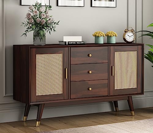 Image of Solid Sheesham Wood Wooden Sideboard Storage Cabinet : Ideal for Living Room and Bedroom with 3 Drawers and 4-Shelf Storage (Iriana, Walnut Finish)