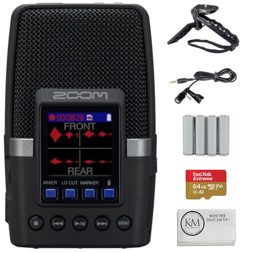 Zoom H2essential Multi-Mic 32-Bit Float Handy Recorder Bundle with 64GB Micro-SD + 4 Pack AA Batteries + Lavalier Microphone + Grip Tripod + Cleaning Cloth (6 Item)