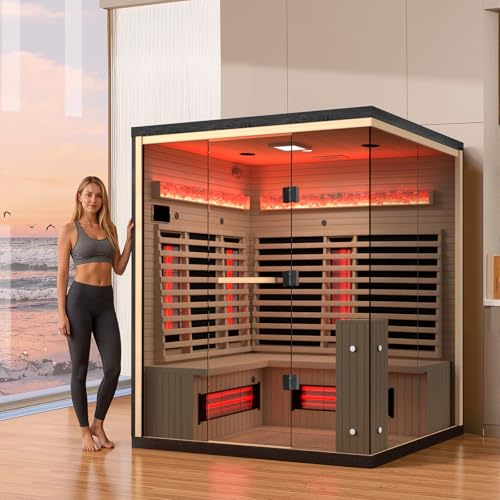 SWHSE 3-5 Persons Sauna, Far Infrared Saunas for Home with 15 mins Fast Warm-up & Himalayan Salt Brick, Panoramic View