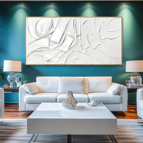 Image of XIANSHOU White Artwork for Walls Contemporary Abstract Art Hand Painted 29 inchx58 inch Line Art Wall Decor Large Wall Art for Living Room Bedroom Hotel