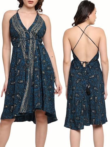 Image of KE KANHA EXPORTS Convertible Halter Short Dresses|Beach Wear Dress for Women|Backless Dress Women|2-in-1 Skirt One Shoulder|Easily fits S-M-L|Bust 30-36 in|Length 40 in|Boho Free Scrunchie Included