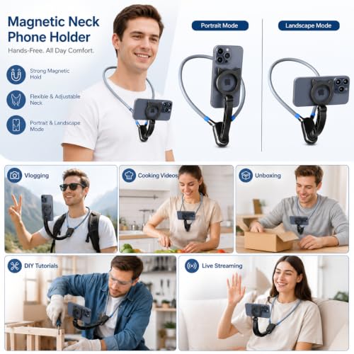 Image of Magnetic Neck Phone Holder with Strong MagSafe Mount, Flexible Hands-Free POV Recording Stand, 360 Adjustable Foldable Mobile Holder for Vlogging, Travel, Cooking & Video Shooting