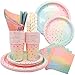 80 Stück Partygeschirr KinderGeburtstag, 20 Gäste Pastell Mädchen Geburtstag Party Einweggeschirr, Pappteller Servietten Pappbecher Strohhalme für Babyparty, Hochzeit, Jubiläum, Grillpartys Garten