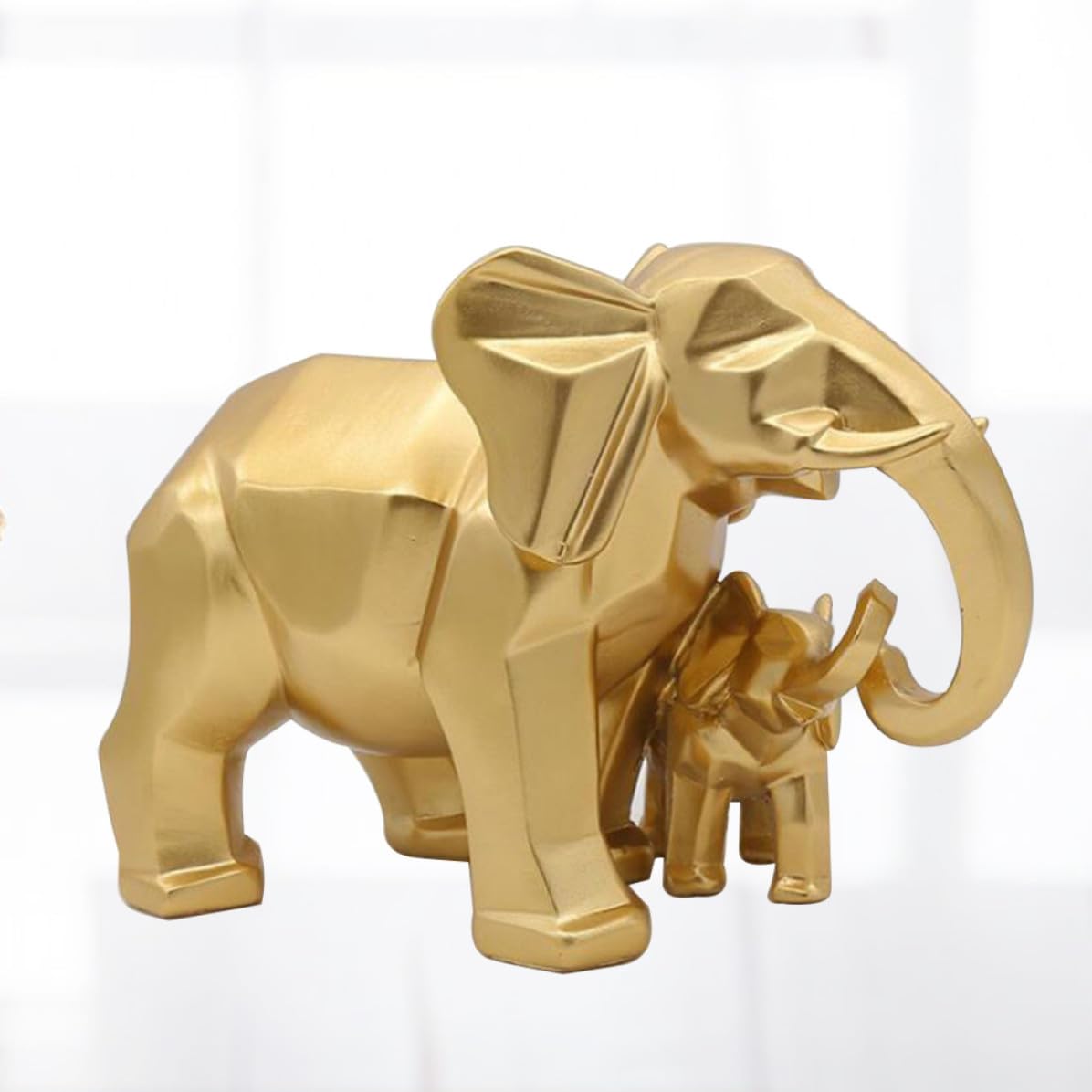 MAGICLULU Decoración de Resina Figura de Elefante Dorada y Diseño Geométrico, Escultura Madre E Hijo para Escritorio, Hogar, Oficina y Jardín, Obsequio para Familiares y Amigos