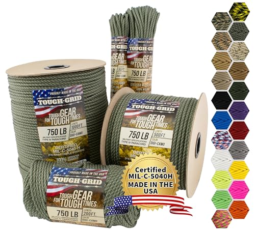 TOUGH-GRID 750 Paracord Rope Nylon Parachute Cord, Made in USA Survival Kit, Outdoor Adventures...