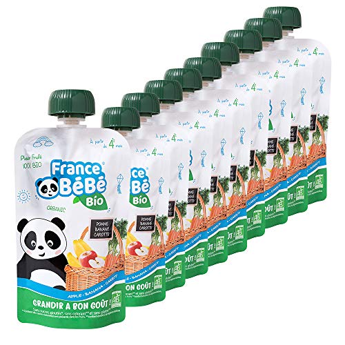 FRANCE BéBé BIO - Gourde De Purée de fruits & légumes BIO dès 4 mois - Pomme Banane Carotte - Pack de 10 x 100g