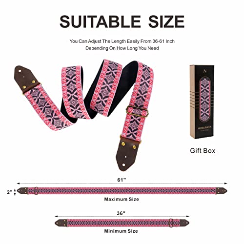 Image of Nefelibata Guitar Strap,Jacquard Embroidery Cotton Guitar Straps with Crazy Horse Leather Leather Ends for Bass, Electric & Acoustic, Best Gifts for Kids, Guitarists(Embroidered red)