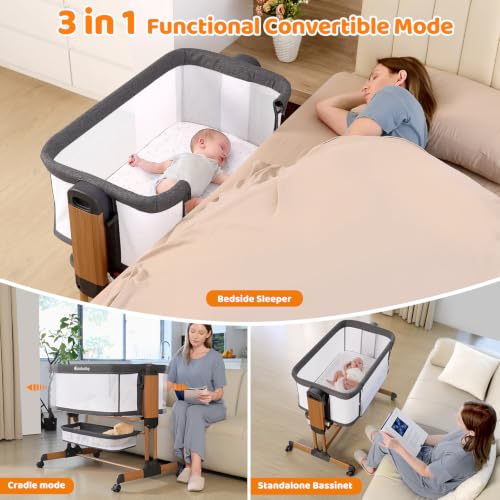 Image of Ezebaby 3-in-1 Baby Bassinet, Rocking Baby Bassinets Bedside Sleeper, Adjustable Portable Crib for Newborn Infant with Wheels Storage Basket and Mesh Sides