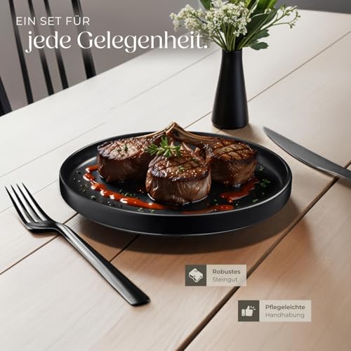 tectake® 24-tlg. Geschirrset, Tafelservice 6 Personen, Steingut Geschirr Set schwarz, Teller Set mit Schalen, Speiseteller, Frühstücksteller, tiefe Teller und Schüsseln - schwarz