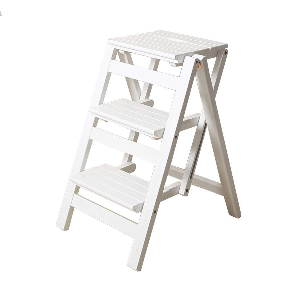 Wooden Folding Ladder Stool Step 3 Layers Adult Library Home Kitchen Bathroom Library Furniture MAX.150kg - White