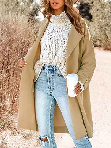 Womens Notched Lapel Coat Classic Single Breasted Pea Coat Winter Wool Blend Long Trench Overcoat Outwear Khaki #TOP1