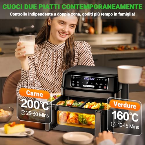 Friggitrice ad Aria Calda 2 Camere | Friggitrice ad Aria da 12L Camera Doppia Camera Singola Regolabile, 2600W Friggitrice ad Aria Calda 8 in 1 con Doppia Camera Controllo Separato Della Temperatura - immagine 3