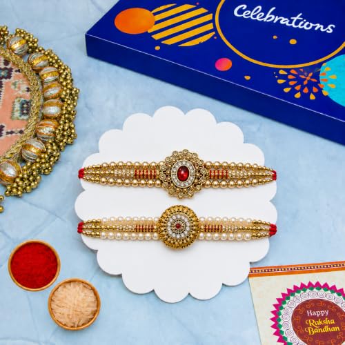 Image of Canton Rakhi Gift Hamper With Celebration | Rakhi Gift Box For Brother | Pack of 2 Rakhi With Roli, Tilak & Greeting Card (Celebration Gift Box)