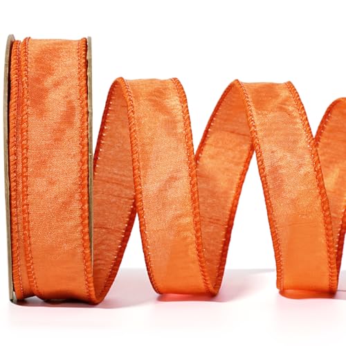 LaRibbons Orange Ribbon Wired 1 Inch x 10 Yards Fall Dupioni Ribbon for Gift Wrapping Flower Bouquet Wreath Bow Party Home Decoration