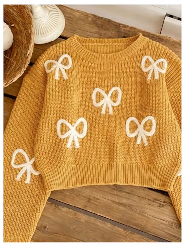 Image of BEAUDRM Girl's Cute Bow Sweater Crew Neck Long Sleeve Drop Shoulder Loose Pullover Tops