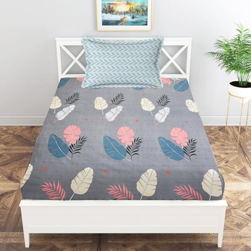 Image of IVAZA Ezyption Cotton Soft and Warm Mix N Match Bedsheet Set for Single Size Bed Soft Durable bedsheet with1 Pillow Cover Grey Leaf