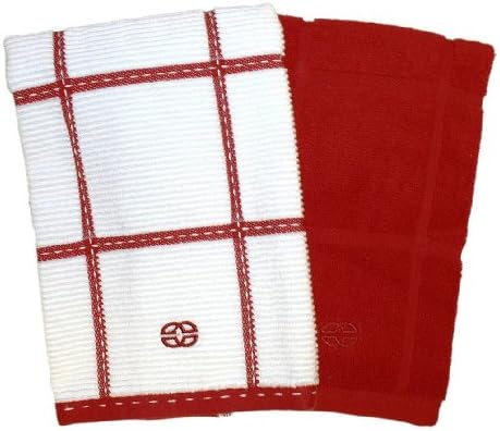 Calphalon Textiles 2-Piece Solid and Check Kitchen Towel Set, Tomato Red