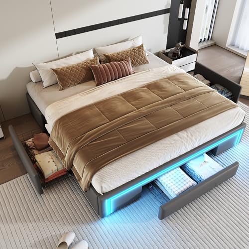 Gxffipw Doppelbett Bettgestell 180x200cm mit Schubladen und LED-Lichtleiste, PU-Leder Bett Ohne Kopfteil mit Stauraum, Stauraumbett Metallbett Bettrahmen mit Metalllatten, Grau, Ohne Matratze