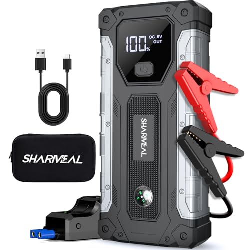 SHARMEAL 5000A car Jump Starter Power Pack, 12V Car Battery Booster Jump Starter Power Bank (up to 10.0L Gas or 9.0L Diesel Engine), Portable Car Starter with LED Flashlight, Jump Pack with Jump Leads
