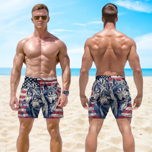 V-DECORPARKS 4th of July Men's Swim Trunks - Happy Independence Hawaiian Shorts for Men, Men's Summer Bathing Shorts Set 393