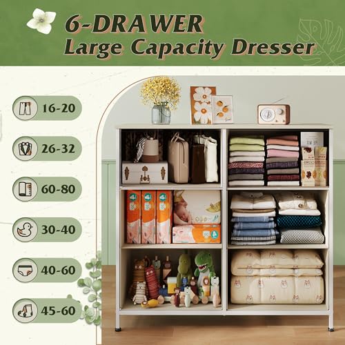 Image of WLIVE Fabric Dresser for Bedroom, 6 Drawer Double Dresser, Storage Tower with Fabric Bins, Chest of Drawers for Closet, Living Room, Hallway, Light Grey