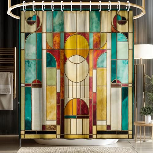 KAIRA Stained Glass Shower Curtain 72x72 Inch with Hooks, Abstract Geometric Bathroom Decor Inspired...