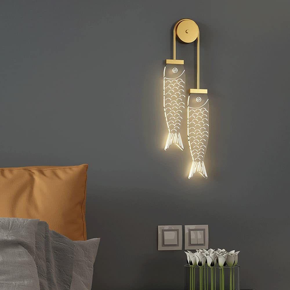 Lampa ścienna z podwójną głowicą typu ryba, ciepła akrylowa nowoczesna lampa ścienna LED, aluminiowy korpus, oświetlenie wnętrz do pokoju hotelowego, przedpokoju, salonu, balkonu