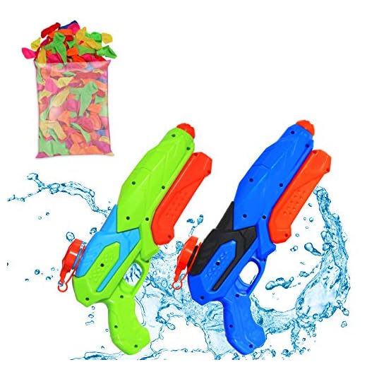 AlohaParty Water Guns Set - Fun Water Gun 2-Pack for Kids with 80 Water Balloons, Water Tap Adapter and Stickers - Leakproof Squirt Gun Kit - Big Water Blaster Toys - Watergun Gift Set