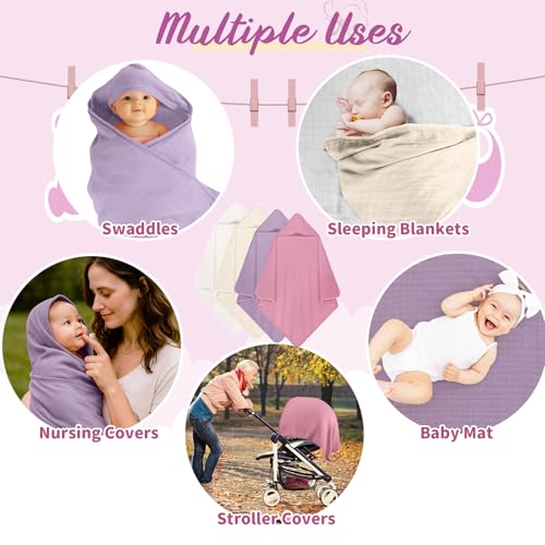 Image of Preboun 4 Pcs Muslin Hooded Baby Towels,32 inchx 32 inch Cotton Newborn Bath Towel Muslin Infant Baby Blankets Absorbent Unisex Newborn Registry Gift for Girls Boys(Purple Series)