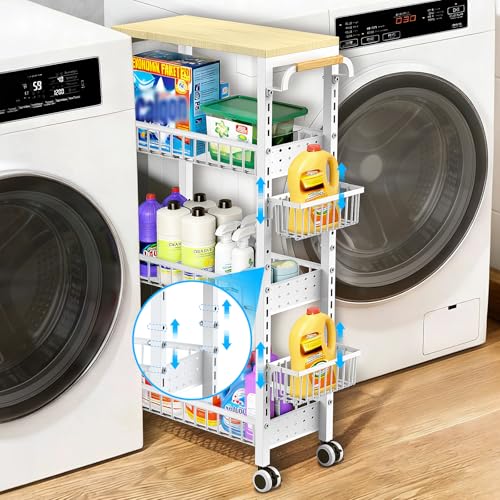 7.8 Inch Ultra-Slim 4-Tier Rolling Storage Cart with Adjustable Shelves - Lockable Wheels & Wooden Top for Narrow Spaces Between Washer/Dryer Bathroom Kitchen Organization (White)