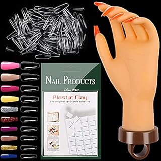 EBANKU Nail Practice Hand, Flexible Fake Hand Model Acrylic Nail Art Training Hand with 54PCS Nail Practice White-Clay and 500PCS False Nails Tips for Nail Art Practicing
