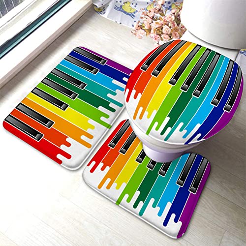 Badezimmerteppich-Set, 3-teilig, Regenbogenfarben, Farbflüsse, Klaviertastatur, waschbare Badeteppiche, rutschfest, mit Rückenpolster, Konturteppich und Toilettendeckelbezug