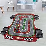 Reinigung: Handreinigung SIMPEX Spielteppich Kurzflor Teppich Kinderteppich Kinderzimmer Rennstrecke Auto Rot, Farbe:Rot, Grösse:140x200 cm