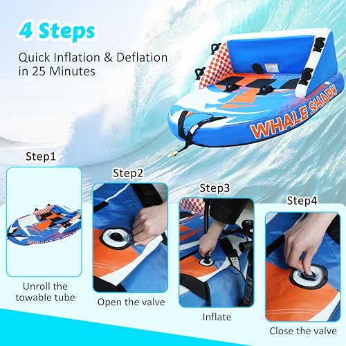 MUPATER Towable Tube for Boating, 3-Person Riders Inflatable Towable Tubes with Deck Seats and Backrest, Dual Tow Points, Full Nylon Cover and Speed Safety Valve