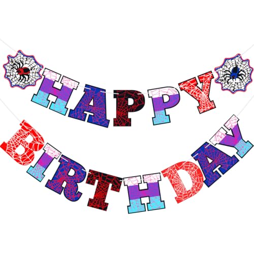 Image of Oudain Spider Theme Birthday Banner Pre-strung Web Flags,Red Purple Blue | Cartoon Backdrop Design, Happy Birthday Bunting for Party Supplies, Easy Hanging Decor for Themed Celebration