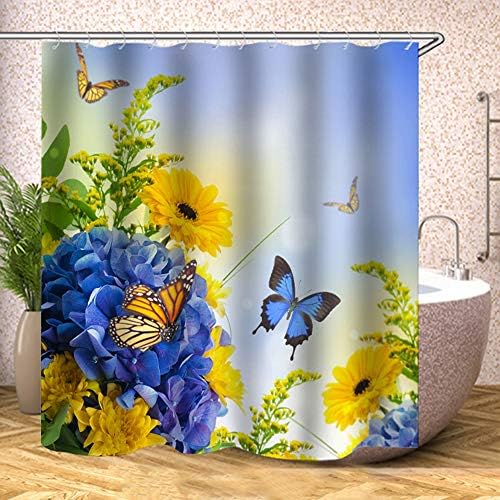 Fabric Shower Curtain, Monarch Butterflies Blue Yellow Flowers Spring Wild Flower Nature Plants Polyester Designer Cloth, Print Decorative Bathroom Curtains Include Hooks Set (0697)