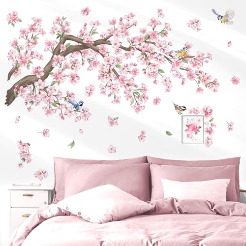 wondever Stickers Muraux Fleurs de Cerisier Rose Autocollant Muraux Mural Stickers Floral Branche Arbre Oiseaux pour Chambre Salon Bureau Mur TV