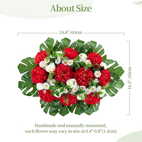 Headstone Flower Saddle for Cemetery: 1 Pc Red Chrysanthemum Artificial Cemetery Saddles for Headstones - Outdoor Grave Decorations image 5
