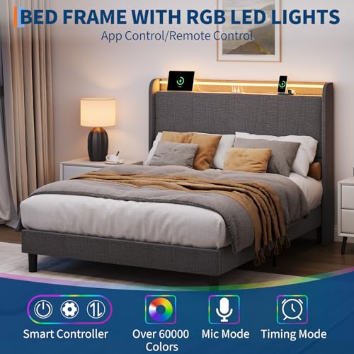 SLEKVERSA Queen Size Bed Frame with LED Lights and Charging Station, Fabric Upholstered Platform Queen Bed Frame with Headboard, No Box Spring Needed Bedframe, Noise Free, Easy Assembly, Gray