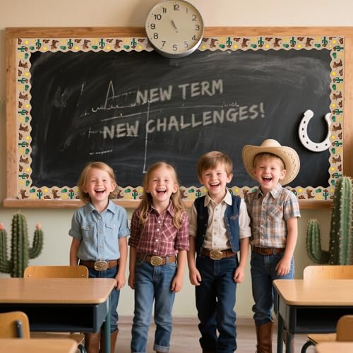 Image of BeYumi Western Cowboy Border Trim - 65ft Back to School Western Cowboy Themed Light Brown Rolled Border Trim Decor Wild West Bulletin Board Set School Classroom Office Chalkboard Party Decoration