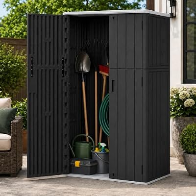 ADDOK Vertical Outdoor Storage Shed with Floor, Resin Garden Shed with Lockable Doors, Waterproof Backyard Storage Cabinet for Lawn Equipment, Garden Tools, Patio and Garage