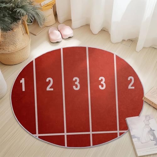 Alfombras Redondas Lavable 90 cm, Minimalismo Campo Deportivo Pasarela Tema Alfombra Redonda para Sala de Estar Dormitorio Lavandería, Pelo Corto Antideslizante Alfombras, Rojo