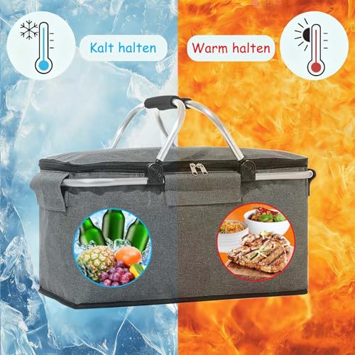 Einkaufskorb Faltbar 18L, große Isolierkorb Picknickkorb, Thermo Einkaufskorb, mit Deckel, Reißverschluss und Tragegriffen, für Camping, Strand, Picknick, Grau