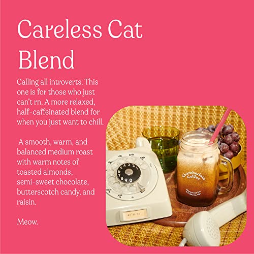 Chamberlain Coffee Careless Cat Blend, Half Caffeinated Medium Roast Organic Coffee with Warm Notes of Toasted Almonds, Semisweet Chocolate, Butterscotch Candy, Raisin, Fresh Ground 12oz