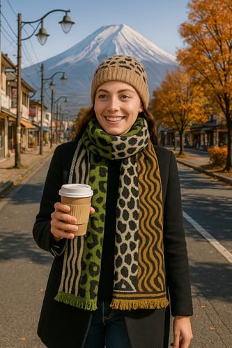 Reversible Wool Blend Winter Scarf for Women – 70x180cm Thick & Soft Animal Print Wrap – Green & Gold Leopard Zebra Pattern – Cozy Cold Weather Gift Shawl3