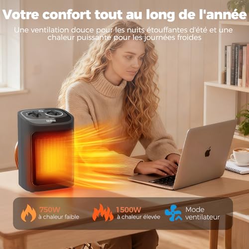 YASHE Radiateur Electrique PTC 1500W, Mode Éco, 3 Niveaux, Sécurité Surchauffe/Anti-Basculement Chauffage Fil Chauffant en Céramique PTC, Adapté aux Chambres, Salons, Bureaux – Image 6