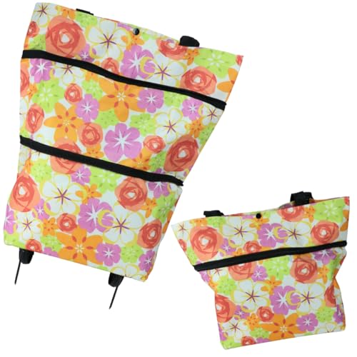 Bolsa, Sacola e Carrinho de feira Sacola de Compras 3 em 1 com Rodinhas, Dobrável, Design Floral, 39x45 cm (Cores Quentes)