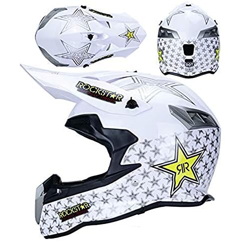 JCLDG Adult Black Star Full Face Helmet Professional Motorcycle Helmet Set Road Race Off Road Helmet Unisex MTB Motocross Helmet Set Motorbike with Goggles, Gloves, Mask,(S, M, L, XL),White,XL Cover
