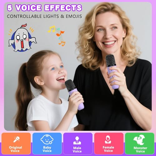 Image of ShinePick Mini Karaoke Machine for Kids with 2 Wireless Mics, Portable Bluetooth Speaker with 5 Magic Voice Effects & RGB Emoji LED Lights, Rechargeable Party Box Birthday Gift for Boys Girls (T99)
