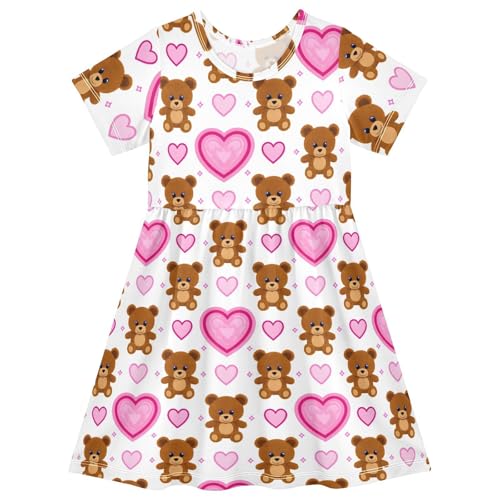 Girls Summer Dress Cute Bear Print Short Sleeve Midi Dresses for Toddler Girl